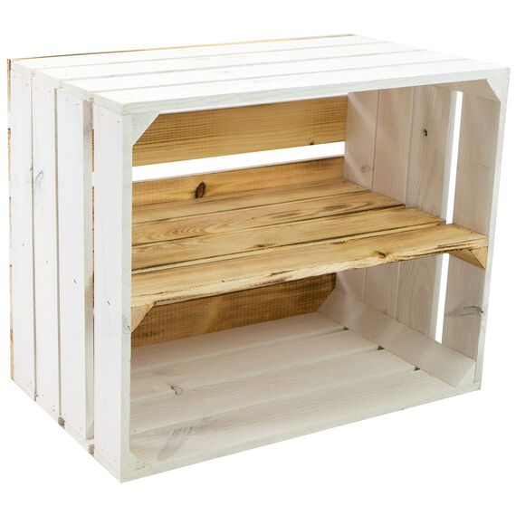 flambierte/geflammte Bücherregal - Schuhregalkiste mit Zwischenbrett/Mittelbrett Einlage ca 50x40x30cm / Apfelkisten Weinkisten Holzkisten aus dem Alten Land (Weiss FLAM Boden FLAM LÄNGS)