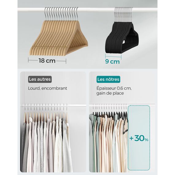 SONGMICS Kleiderbügel Samt, 100er Set, Bügel, Jackenbügel, 41,5 cm breit, Anzugbügel, dünn, gut belastbar, um 360° drehbarer Haken, für Mäntel, Hemden und Anzüge, Schwarz/Weiß CRF026B100