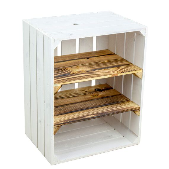 Weisse/geflammte Bücherregal - Schuhregalkiste mit Zwischenbrett/Mittelbrett Einlage ca 50x40x30cm / Apfelkisten Weinkisten Holzkisten aus dem Alten Land (Weiss doppelt geflammt Quer)