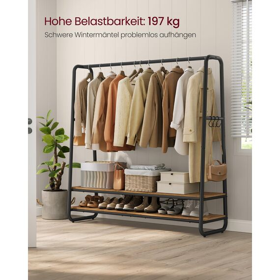 VASAGLE Kleiderständer, Garderobenständer, Garderobe, 2 Ablagen, 6 Haken in S-Form, Stahlgestell, 45 x 138 x 160 cm, für Schlafzimmer, Flur, Eingangsbereich, vintagebraun-schwarz RGR119B01