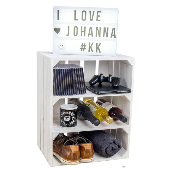 Weisse/geflammte Bücherregal - Schuhregalkiste mit Zwischenbrett/Mittelbrett Einlage ca 50x40x30cm / Apfelkisten Weinkisten Holzkisten aus dem Alten Land (doppelt Weiss Quer)