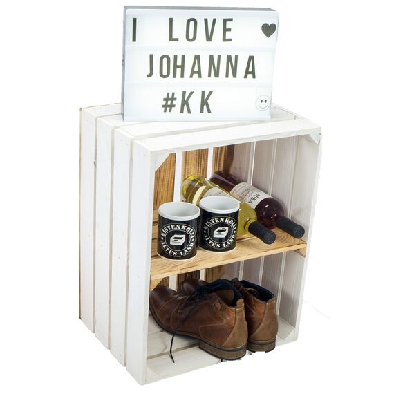 flambierte/geflammte Bücherregal - Schuhregalkiste mit Zwischenbrett/Mittelbrett Einlage ca 50x40x30cm / Apfelkisten Weinkisten Holzkisten aus dem Alten Land (Weiss FLAM Boden FLAM QUER)