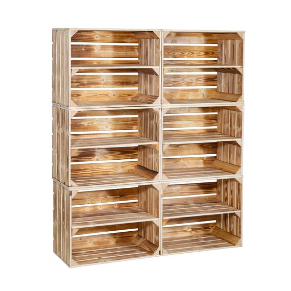 Kistenkolli Altes Land 6er Set flambierte/geflammte Massive Obstkisten als Regal mit Zwischenboden 50x40x30cm Apfelkisten Weinkisten Holzkisten