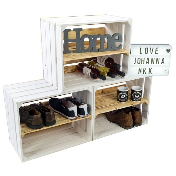 flambierte/geflammte Bücherregal - Schuhregalkiste mit Zwischenbrett/Mittelbrett Einlage ca 50x40x30cm / Apfelkisten Weinkisten Holzkisten aus dem Alten Land (Weiss FLAM Boden FLAM LÄNGS)