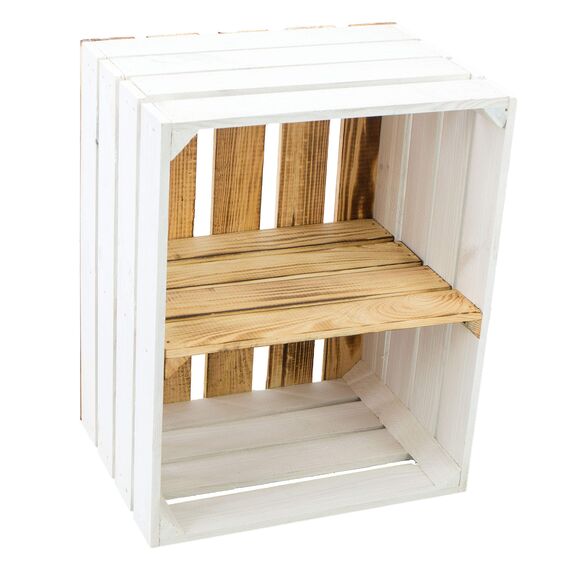 flambierte/geflammte Bücherregal - Schuhregalkiste mit Zwischenbrett/Mittelbrett Einlage ca 50x40x30cm / Apfelkisten Weinkisten Holzkisten aus dem Alten Land (Weiss FLAM Boden FLAM QUER)