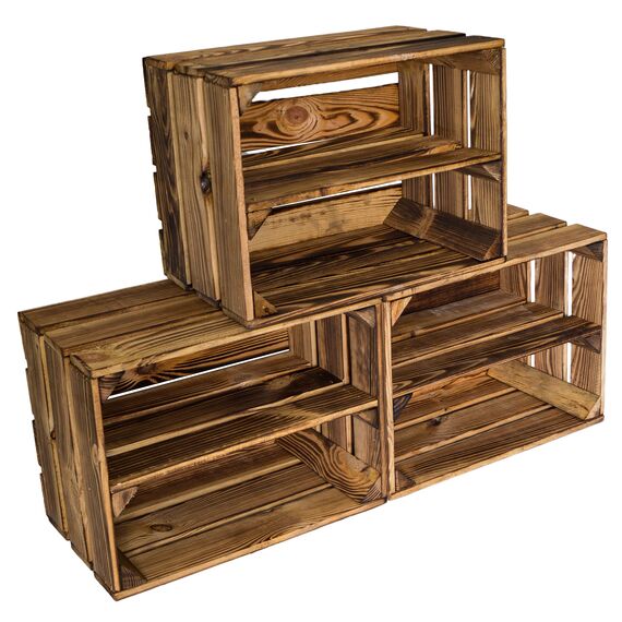 geflammtes Schuhregal Bella Mini für Kinder mit Zwischenbrett 40 x 30 x 25 cm/Apfelkisten Weinkisten Holzkisten aus dem Alten Land (3 x Schuhregal Mini für Kinder)