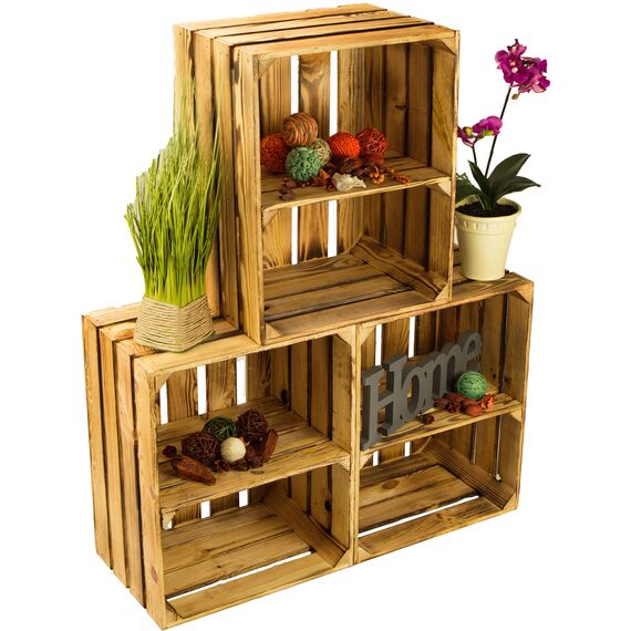 flambierte/geflammte Bücherregal - Schuhregalkiste mit Zwischenbrett/Mittelbrett Einlage ca 50x40x30cm / Apfelkisten Weinkisten Holzkisten aus dem Alten Land (GEFLAMMT MIT Einlage QUER)