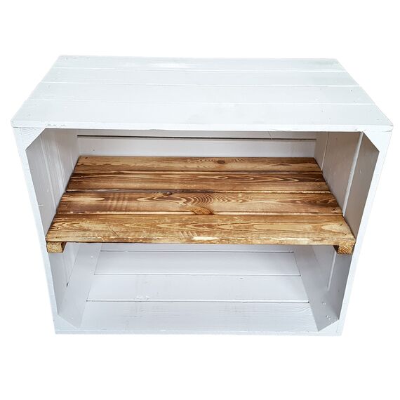 flambierte/geflammte Bücherregal - Schuhregalkiste mit Zwischenbrett/Mittelbrett Einlage ca 50x40x30cm / Apfelkisten Weinkisten Holzkisten aus dem Alten Land (Weiss MIT GEFLAMMTER Einlage LÄNGS)