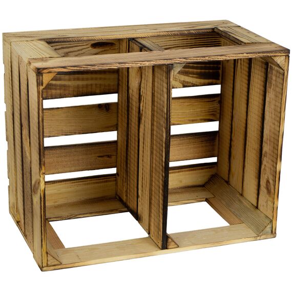 flambierte/geflammte Bücherregal - Schuhregalkiste mit Zwischenbrett/Mittelbrett Einlage ca 50x40x30cm / Apfelkisten Weinkisten Holzkisten aus dem Alten Land (GEFLAMMT OFFEN MIT Einlage QUER)