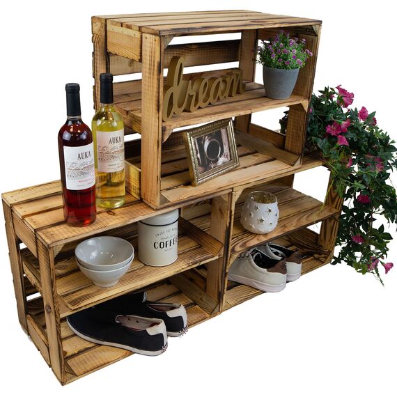 flambierte/geflammte Bücherregal - Schuhregalkiste mit Zwischenbrett/Mittelbrett Einlage ca 50x40x30cm / Apfelkisten Weinkisten Holzkisten aus dem Alten Land (GEFLAMMT OFFEN MIT Einlage LÄNGS)