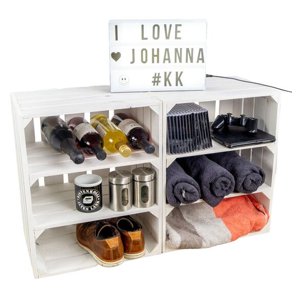 Weisse/geflammte Bücherregal - Schuhregalkiste mit Zwischenbrett/Mittelbrett Einlage ca 50x40x30cm / Apfelkisten Weinkisten Holzkisten aus dem Alten Land (doppelt Weiss Quer)