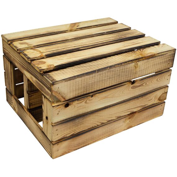 flambierte/geflammte Bücherregal - Schuhregalkiste mit Zwischenbrett/Mittelbrett Einlage ca 50x40x30cm / Apfelkisten Weinkisten Holzkisten aus dem Alten Land (GEFLAMMT OFFEN MIT Einlage LÄNGS)