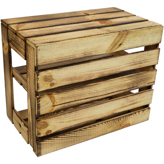 flambierte/geflammte Bücherregal - Schuhregalkiste mit Zwischenbrett/Mittelbrett Einlage ca 50x40x30cm / Apfelkisten Weinkisten Holzkisten aus dem Alten Land (GEFLAMMT OFFEN MIT Einlage LÄNGS)