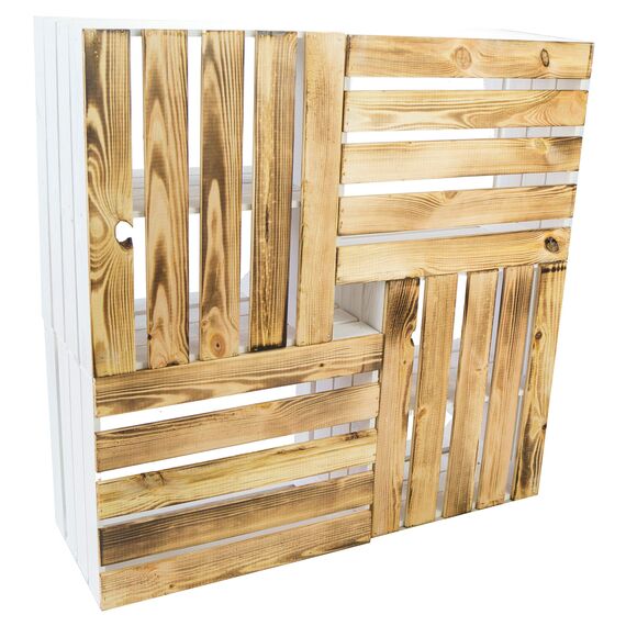 flambierte/geflammte Bücherregal - Schuhregalkiste mit Zwischenbrett/Mittelbrett Einlage ca 50x40x30cm / Apfelkisten Weinkisten Holzkisten aus dem Alten Land (Weiss FLAM Boden FLAM LÄNGS)