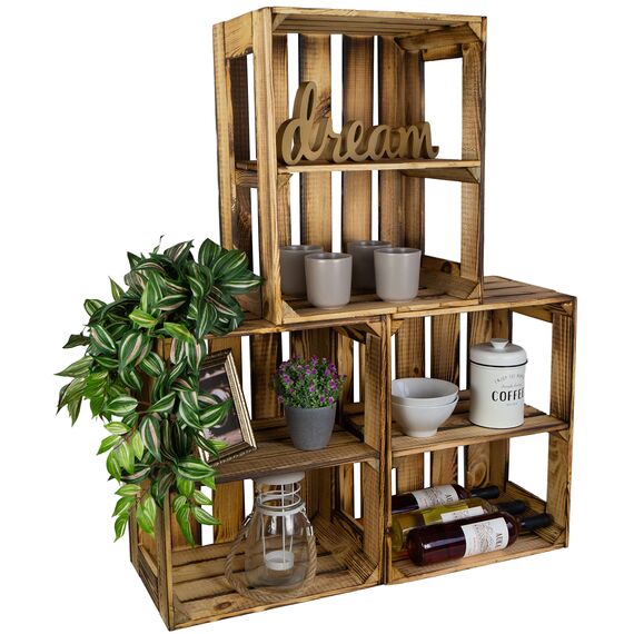 flambierte/geflammte Bücherregal - Schuhregalkiste mit Zwischenbrett/Mittelbrett Einlage ca 50x40x30cm / Apfelkisten Weinkisten Holzkisten aus dem Alten Land (GEFLAMMT OFFEN MIT Einlage QUER)