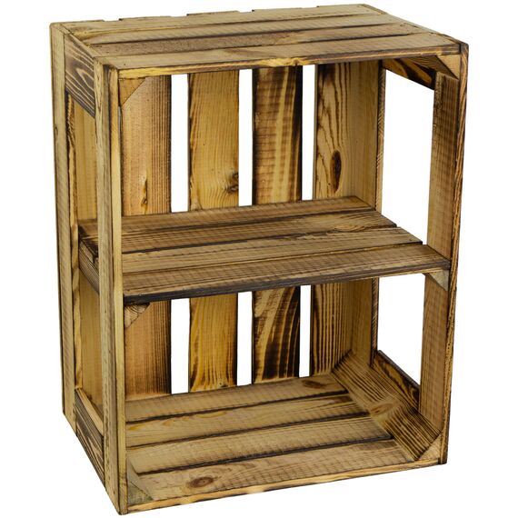 flambierte/geflammte Bücherregal - Schuhregalkiste mit Zwischenbrett/Mittelbrett Einlage ca 50x40x30cm / Apfelkisten Weinkisten Holzkisten aus dem Alten Land (GEFLAMMT OFFEN MIT Einlage QUER)