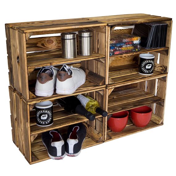 geflammtes Schuhregal Bella Mini für Kinder mit Zwischenbrett 40 x 30 x 25 cm/Apfelkisten Weinkisten Holzkisten aus dem Alten Land (6 x Schuhregal Mini für Kinder)