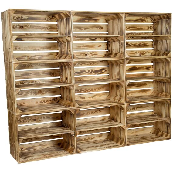 flambierte/geflammte Massive Obstkisten als Regal mit Zwischenbrett/Mittelbrett Einlage 50 x 40 x 30cm / Apfelkisten Weinkisten Holzkisten aus dem Alten Land (9er Set)