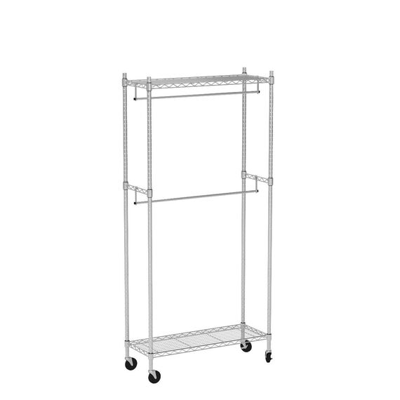 Amazon Basics Doppel-Kleiderstange Offen mit Rädern und Höhenverstellbaren Regalen - Maximalgewicht 181 kg, Chromfarben, 91 cm L x 35,5 cm W x 183 cm H