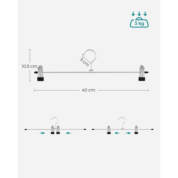 SONGMICS Hosenbügel aus Metall, 20er Set, Rockbügel, 40 cm lang, Kleiderbügel mit verstellbaren Clips, verchromter Haken um 360 degree drehbar, schwarz-silbern CRI006-20, 40 x 10,5 cm (H x B)