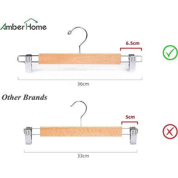 Amber Home 10 Stück 36cm Natürliche Kleiderbügel aus Holz, Robust und Glänzend Hosenbügel Aufhänger für Hosen Shorts Rock Socken Unterwäsche, mit rutschfest Clips und Drehbar Haken