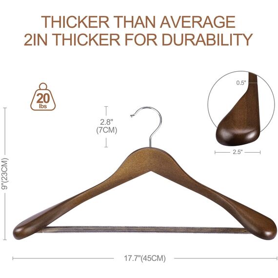 HOUSE DAY Kleiderbügel Holz Breit Walnuss 18 stück rutschfest Kleiderbügel Stabil Jackbügel Anzugbügel Holzbügel, Breite Schultern rutschfeste Hosenstangen Drehbare Haken