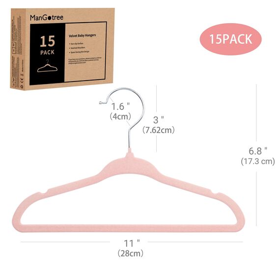 ManGotree Baby Samt Kleiderbügel für Säuglinge und Kleinkinder, 28cm Kinder Größe, 360 Grad Drehbar, Ultradünnes und Rutschfestes Design, 15 Stück (Hellrosa)