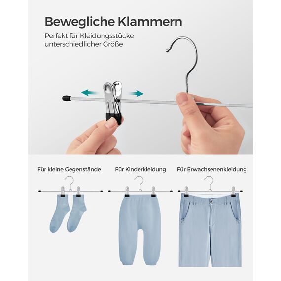 SONGMICS Hosenbügel aus Metall, 20er Set, Rockbügel, 40 cm lang, Kleiderbügel mit verstellbaren Clips, verchromter Haken um 360 degree drehbar, schwarz-silbern CRI006-20, 40 x 10,5 cm (H x B)