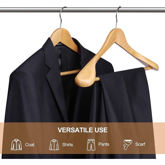 HOUSE DAY Kleiderbügel Holz Breit Natur 12 stück rutschfest Kleiderbügel Stabil Jackbügel Anzugbügel Holzbügel, Breite Schultern rutschfeste Hosenstangen Drehbare Haken