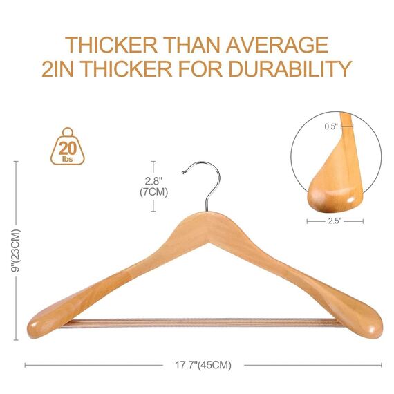 HOUSE DAY Kleiderbügel Holz Breit Natur 12 stück rutschfest Kleiderbügel Stabil Jackbügel Anzugbügel Holzbügel, Breite Schultern rutschfeste Hosenstangen Drehbare Haken
