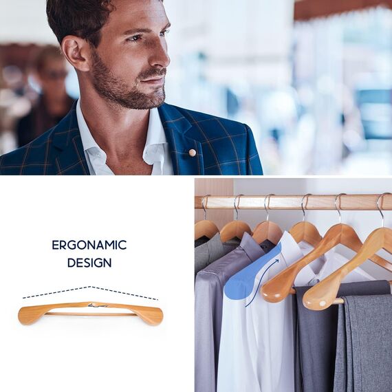 HOUSE DAY Kleiderbügel Holz Breit Natur 12 stück rutschfest Kleiderbügel Stabil Jackbügel Anzugbügel Holzbügel, Breite Schultern rutschfeste Hosenstangen Drehbare Haken