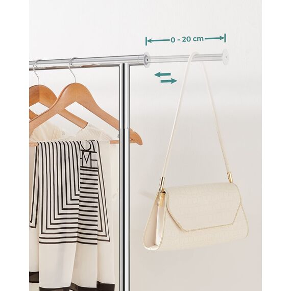 SONGMICS Kleiderständer aus Metall, Schwerlast, mit Schuhablage, auf Rädern, bis 50 kg belastbar, Länge 110,5-150,5 cm, verchromt, HSR02S