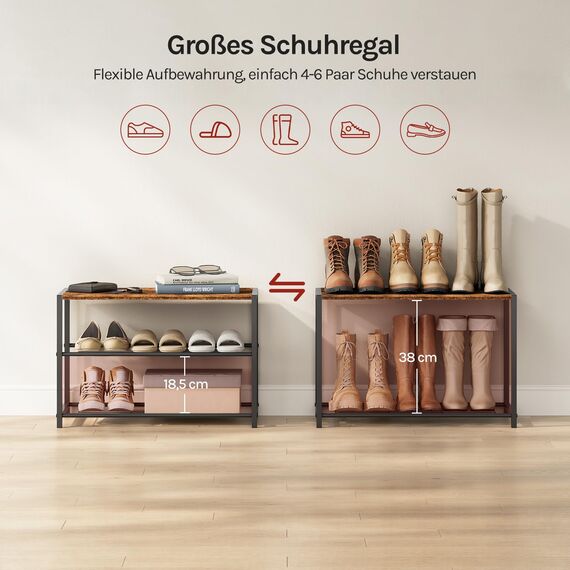 WOLTU Schuhbank Schuhregal mit Sitzfläche Badregal Schuhablage Schuhkommode Schuhständer Organizier Sitzbank mit 2 Ablagen für ca. 6 Paar Schuhe, Holz Metall