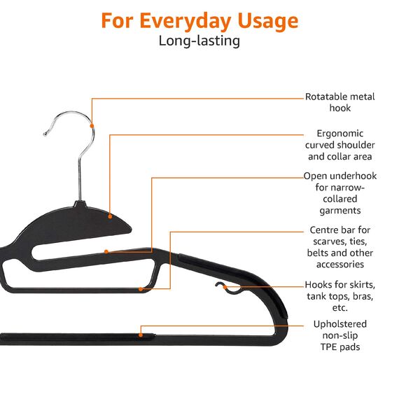 Amazon Basics Strapazierfähige Kunststoff-Kleiderbügel, mit rutschfestem Gummiüberzug und horizontalem Steg, 30er-Pack, Grau