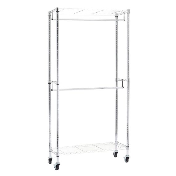 Amazon Basics Doppel-Kleiderstange Offen mit Rädern und Höhenverstellbaren Regalen - Maximalgewicht 181 kg, Chromfarben, 91 cm L x 35,5 cm W x 183 cm H