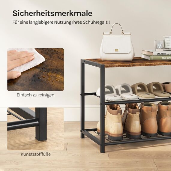 WOLTU Schuhbank Schuhregal mit Sitzfläche Badregal Schuhablage Schuhkommode Schuhständer Organizier Sitzbank mit 2 Ablagen für ca. 6 Paar Schuhe, Holz Metall