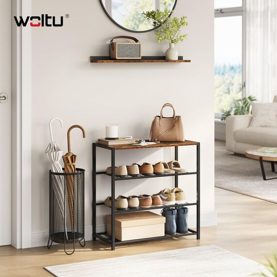 WOLTU Schuhbank Schuhregal mit Sitzfläche Badregal Schuhablage Schuhkommode Schuhständer Organizier Sitzbank mit 2 Ablagen für ca. 6 Paar Schuhe, Holz Metall