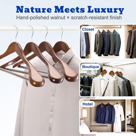 HOUSE DAY Kleiderbügel Holz Breit Walnuss 6X rutschfest Kleiderbügel Stabil Jackbügel Anzugbügel Holzbügel, Breite Schultern rutschfeste Hosenstangen Drehbare Haken