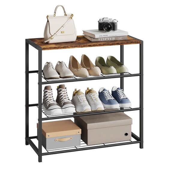 WOLTU Schuhbank Schuhregal mit Sitzfläche Badregal Schuhablage Schuhkommode Schuhständer Organizier Sitzbank mit 3 Ablagen für 9 Paar Schuhe Holz Metall