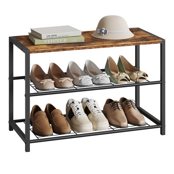 WOLTU Schuhbank Schuhregal mit Sitzfläche Badregal Schuhablage Schuhkommode Schuhständer Organizier Sitzbank mit 2 Ablagen für ca. 6 Paar Schuhe, Holz Metall