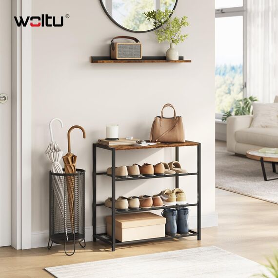 WOLTU Schuhbank Schuhregal mit Sitzfläche Badregal Schuhablage Schuhkommode Schuhständer Organizier Sitzbank mit 3 Ablagen für 9 Paar Schuhe Holz Metall