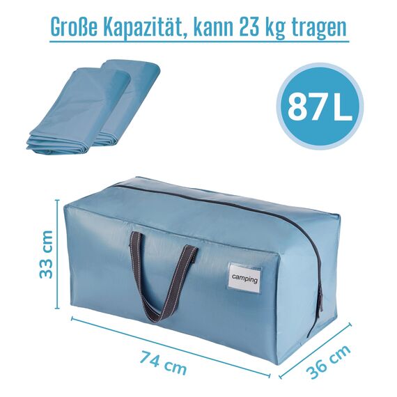 VENO 87 Liter extra große Umzugstaschen mit Rucksackgurten, Umzugshelfer, starke Griffe und Reißverschlüsse, Kleideraufbewahrung, Wäschesäcke, wiederverwendbar und nachhaltig (Hellblau, 2er-Pack)