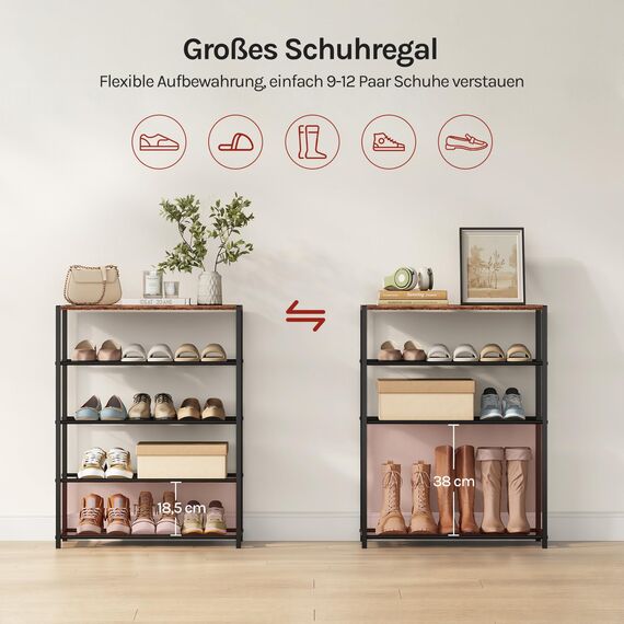 WOLTU Schuhbank Schuhregal mit Sitzfläche Badregal Schuhablage Schuhkommode Schuhständer Organizier mit 4 Ablagen für ca. 12 Paar Schuhe, Holz Metall