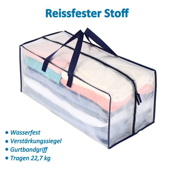 VENO 87 Liter extra große Umzugstaschen mit Rucksackgurten, Umzugshelfer, starke Griffe und Reißverschlüsse, Kleideraufbewahrung, Wäschesäcke, wiederverwendbar und nachhaltig (Transparent, 2er-Pack)
