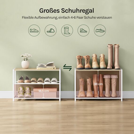 WOLTU Schuhregal mit 2 Ebenen, Schuhständer Metall, Schuhaufbewahrung platzsparend, Schuhorganizer für 6 Paar, Flur Wohnzimmer, 63x43x30 cm, weiß