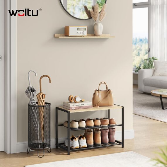 WOLTU Schuhregal mit 2 Ebenen, Schuhständer Metall, Schuhaufbewahrung platzsparend, Schuhorganizer für 6 Paar, Flur Wohnzimmer, 63x43x30 cm, schwarz