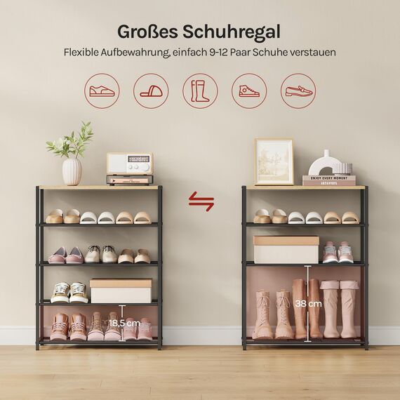 WOLTU Schuhregal mit 4 Ebenen, Schuhständer Metall, Schuhaufbewahrung platzsparend, Schuhorganizer für 12 Paar, Flur Wohnzimmer, 63x83x30 cm, schwarz