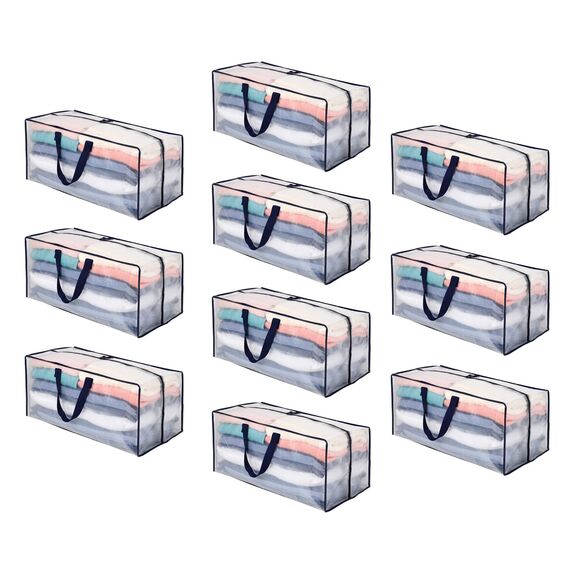 VENO 87 Liter extra große Umzugstaschen mit Rucksackgurten, Umzugshelfer, starke Griffe und Reißverschlüsse, Kleideraufbewahrung, Wäschesäcke, wiederverwendbar (Transparent, 10er-Pack)