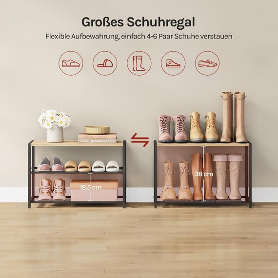 WOLTU Schuhregal mit 2 Ebenen, Schuhständer Metall, Schuhaufbewahrung platzsparend, Schuhorganizer für 6 Paar, Flur Wohnzimmer, 63x43x30 cm, schwarz