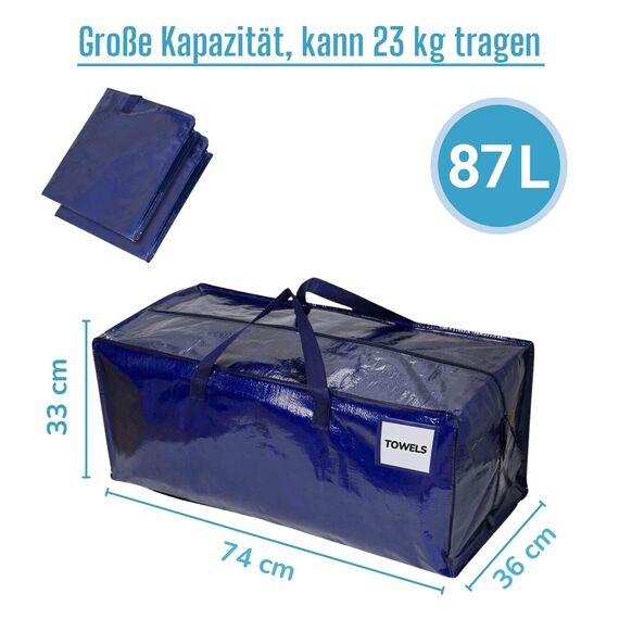 VENO 87 Liter extra große Umzugstaschen mit Rucksackgurten, Umzugshelfer, starke Griffe und Reißverschlüsse, Kleideraufbewahrung, Wäschesäcke, wiederverwendbar und nachhaltig (Blau, 10er-Pack)